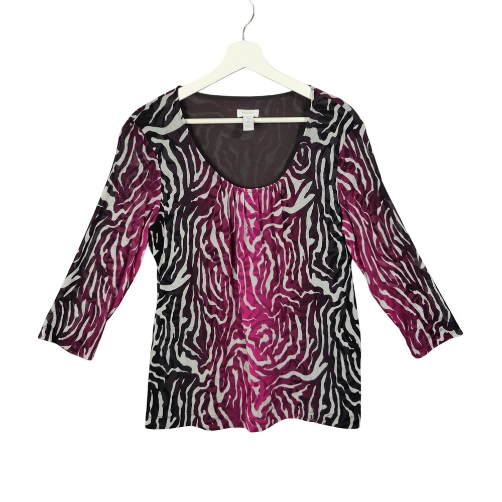 Chicos Womens Y2K Mob Wife Zebra Mesh Top 2 L Purple Black 3/4 Sleeve Scoop Neck